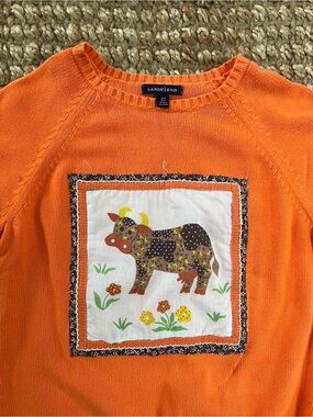 Lands' End Orange Knit Top with Cow Patch
